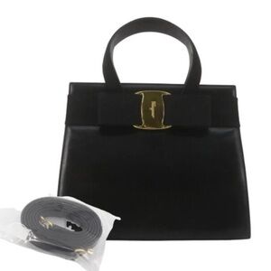Authentic FERRAGAMO Vara Bow 2-Way (Top Handle+Shoulder Strap) Black Leather Bag